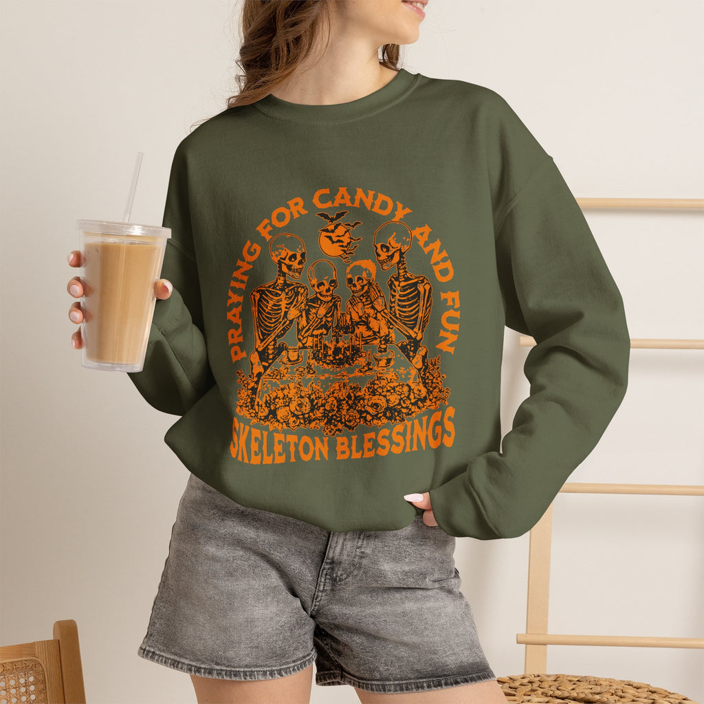 Skeleton Blessings Crewneck Sweatshirt — Praying for Candy and Fun Halloween Sweater