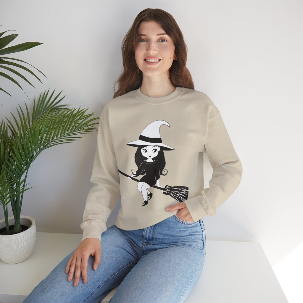 Witch on Broom Crewneck Sweatshirt — Cute Retro Halloween Witch Graphic