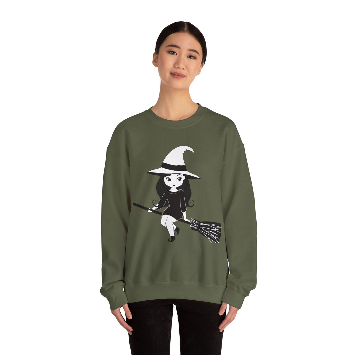 Witch on Broom Crewneck Sweatshirt — Cute Retro Halloween Witch Graphic