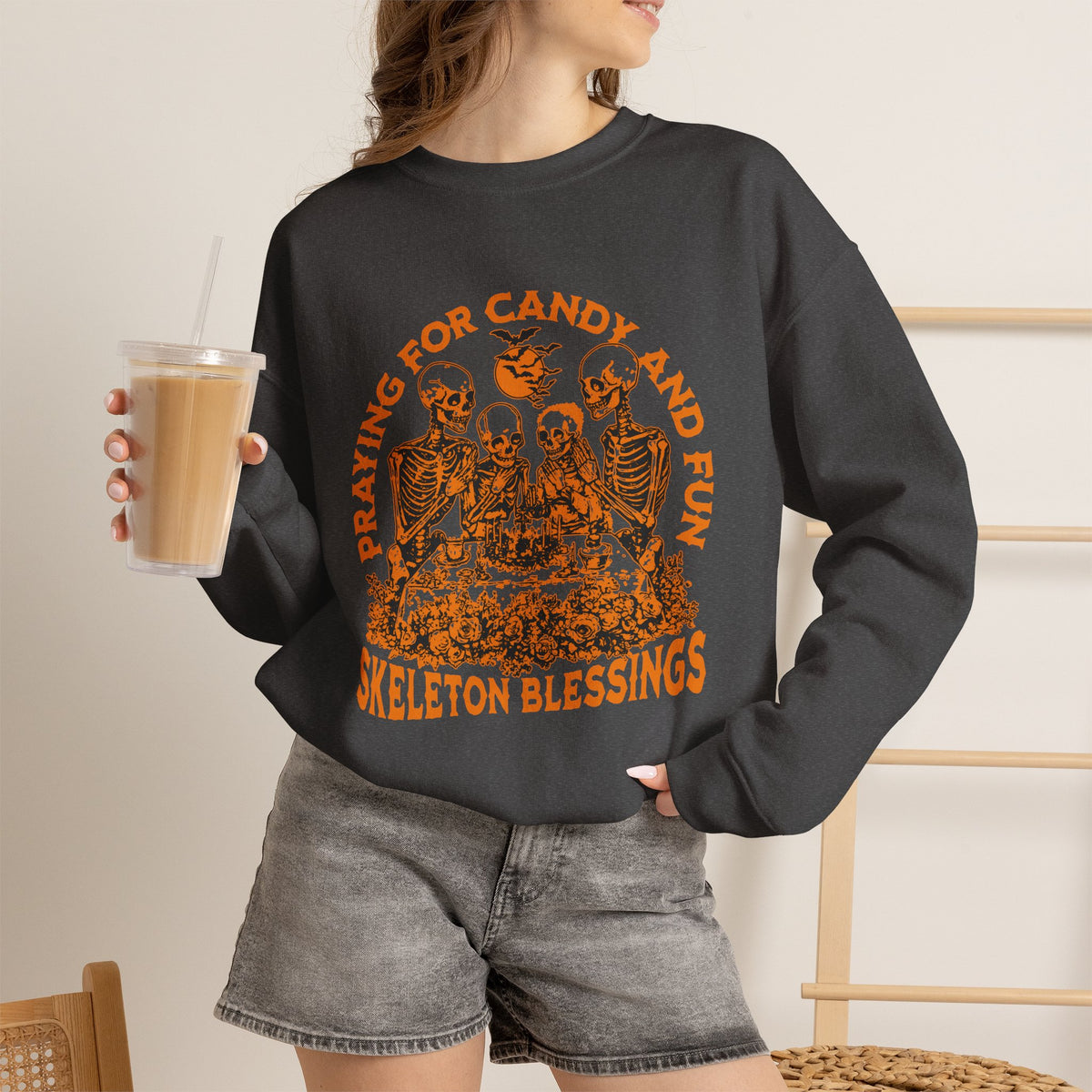 Skeleton Blessings Crewneck Sweatshirt — Praying for Candy and Fun Halloween Sweater