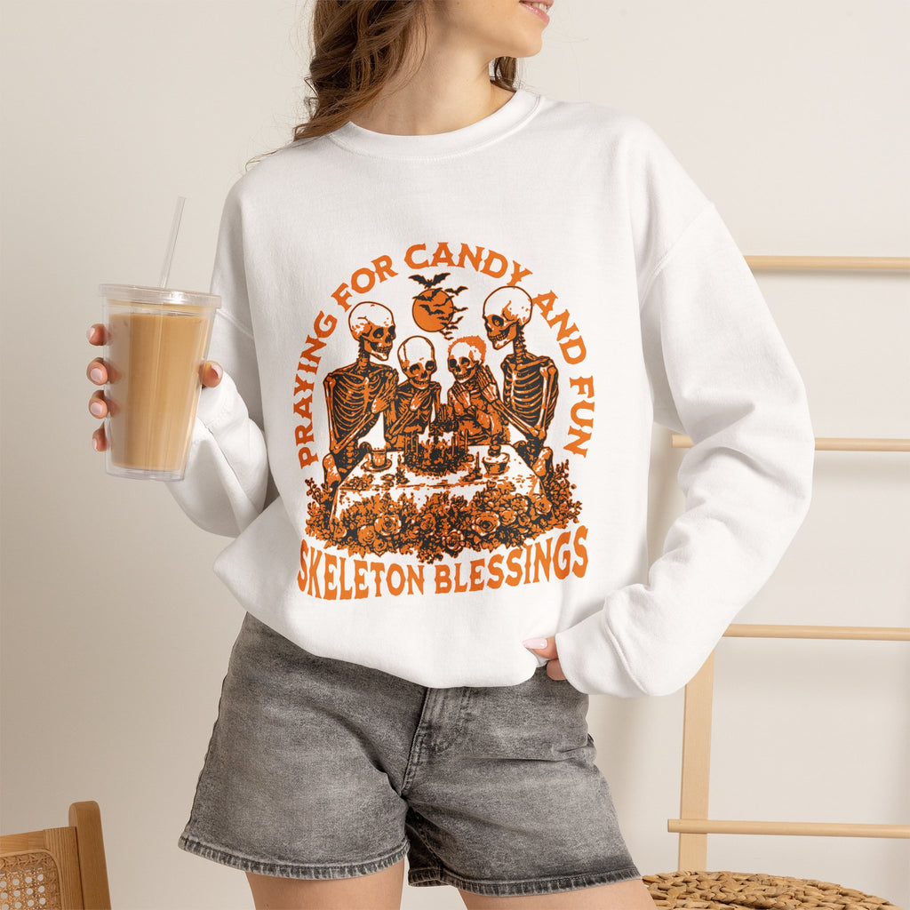 Skeleton Blessings Crewneck Sweatshirt — Praying for Candy and Fun Halloween Sweater