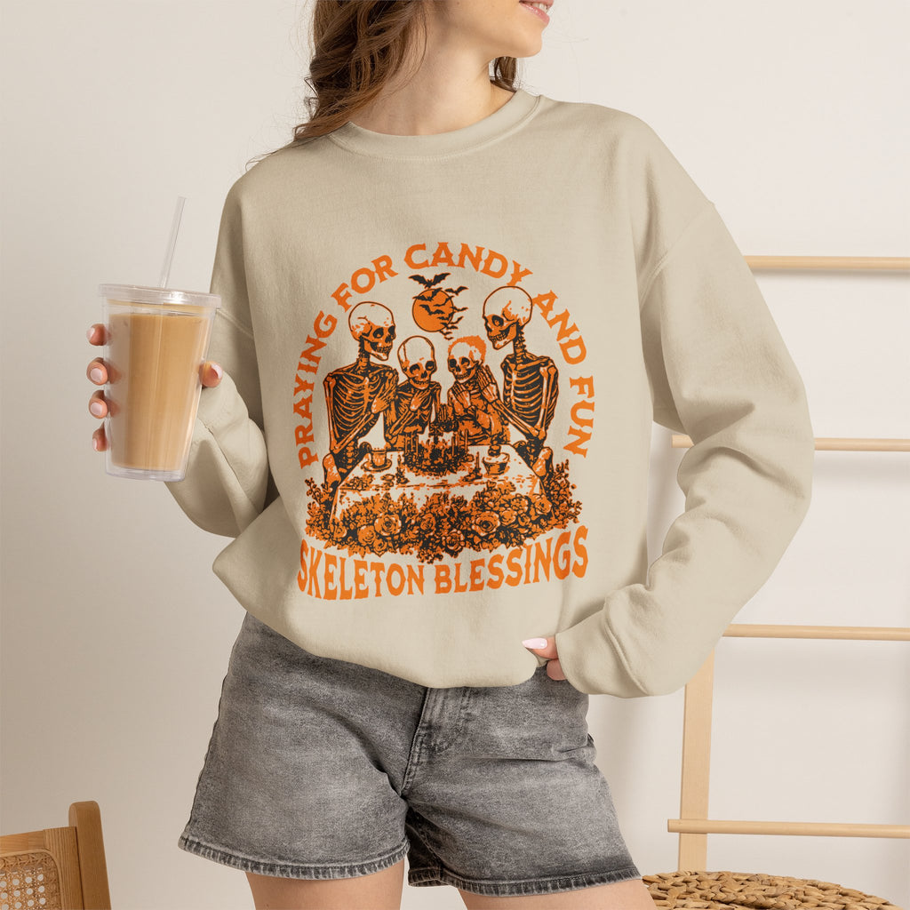 Skeleton Blessings Crewneck Sweatshirt — Praying for Candy and Fun Halloween Sweater