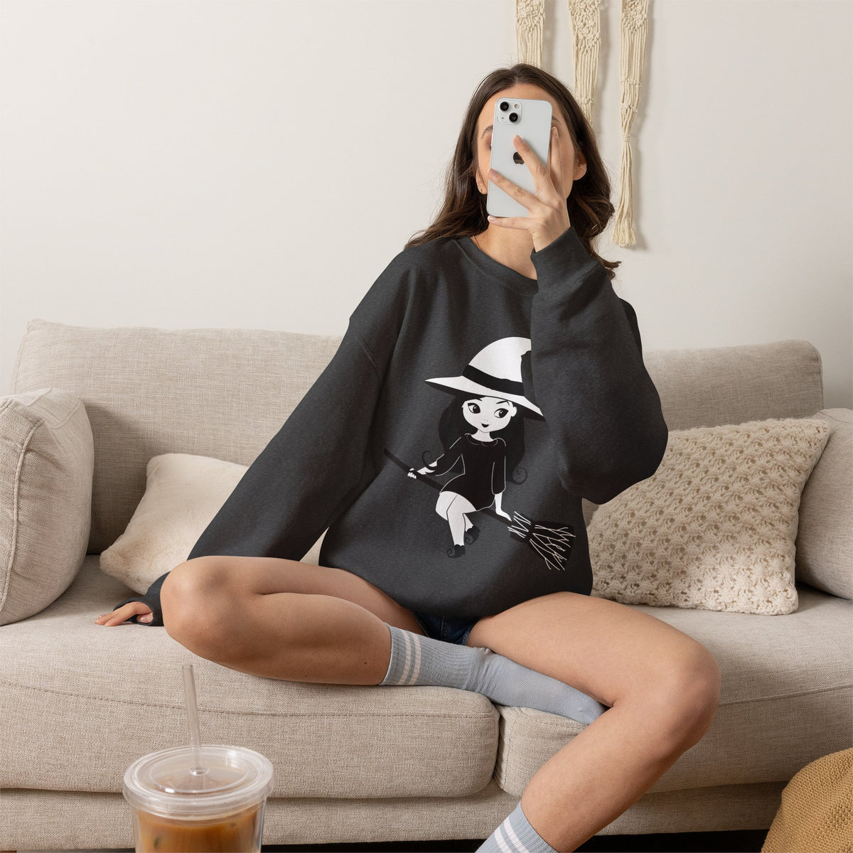 Witch on Broom Crewneck Sweatshirt — Cute Retro Halloween Witch Graphic