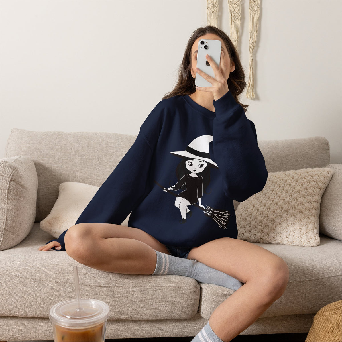 Witch on Broom Crewneck Sweatshirt — Cute Retro Halloween Witch Graphic