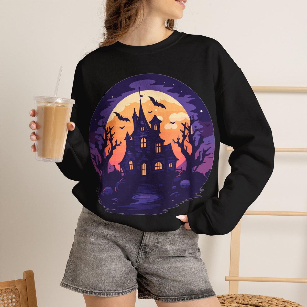 Halloween Haunted House Sweatshirt — Spooky Moonlit Castle Crewneck