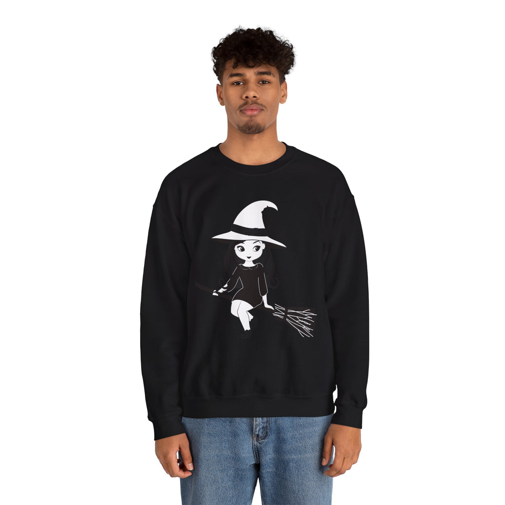 Witch on Broom Crewneck Sweatshirt — Cute Retro Halloween Witch Graphic