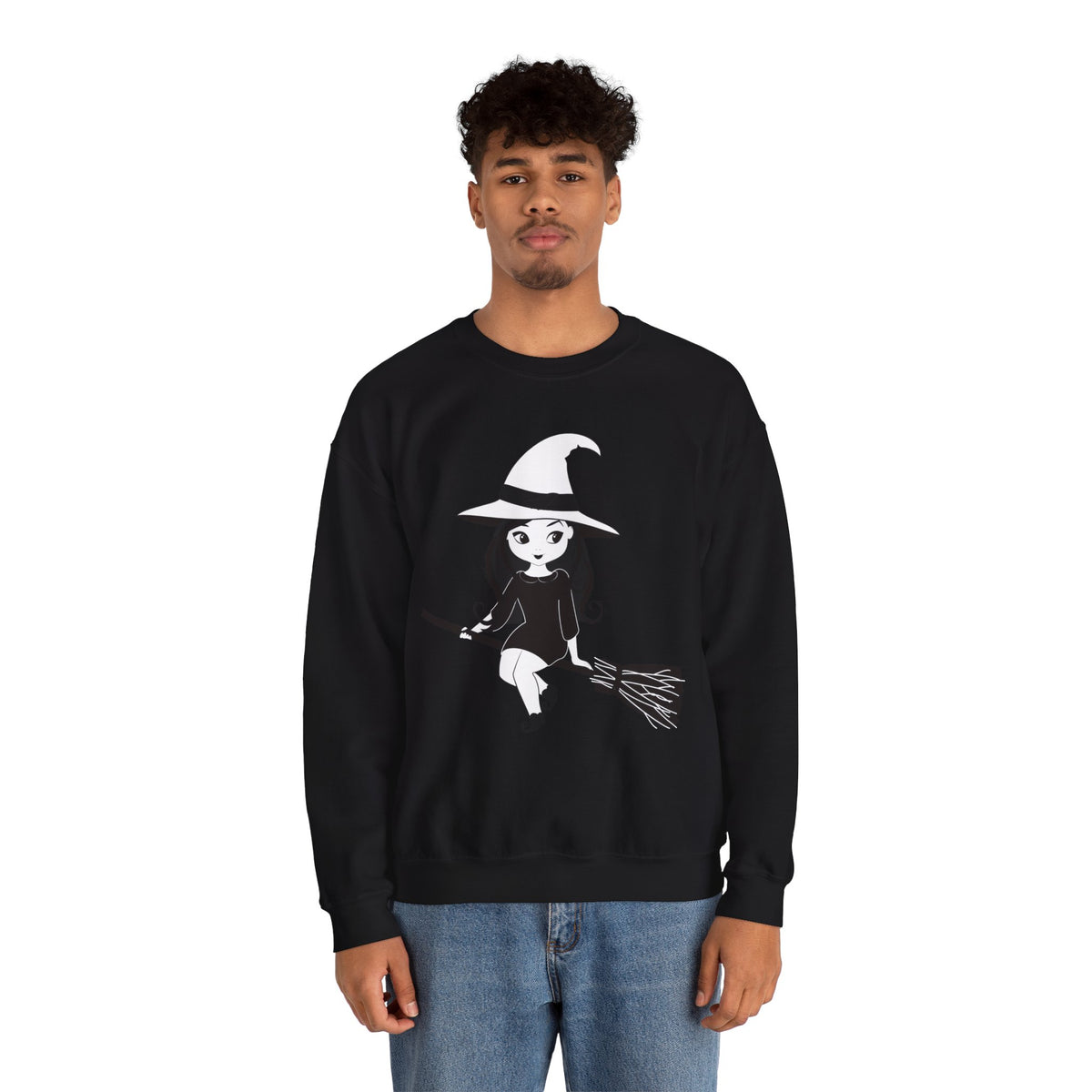 Witch on Broom Crewneck Sweatshirt — Cute Retro Halloween Witch Graphic