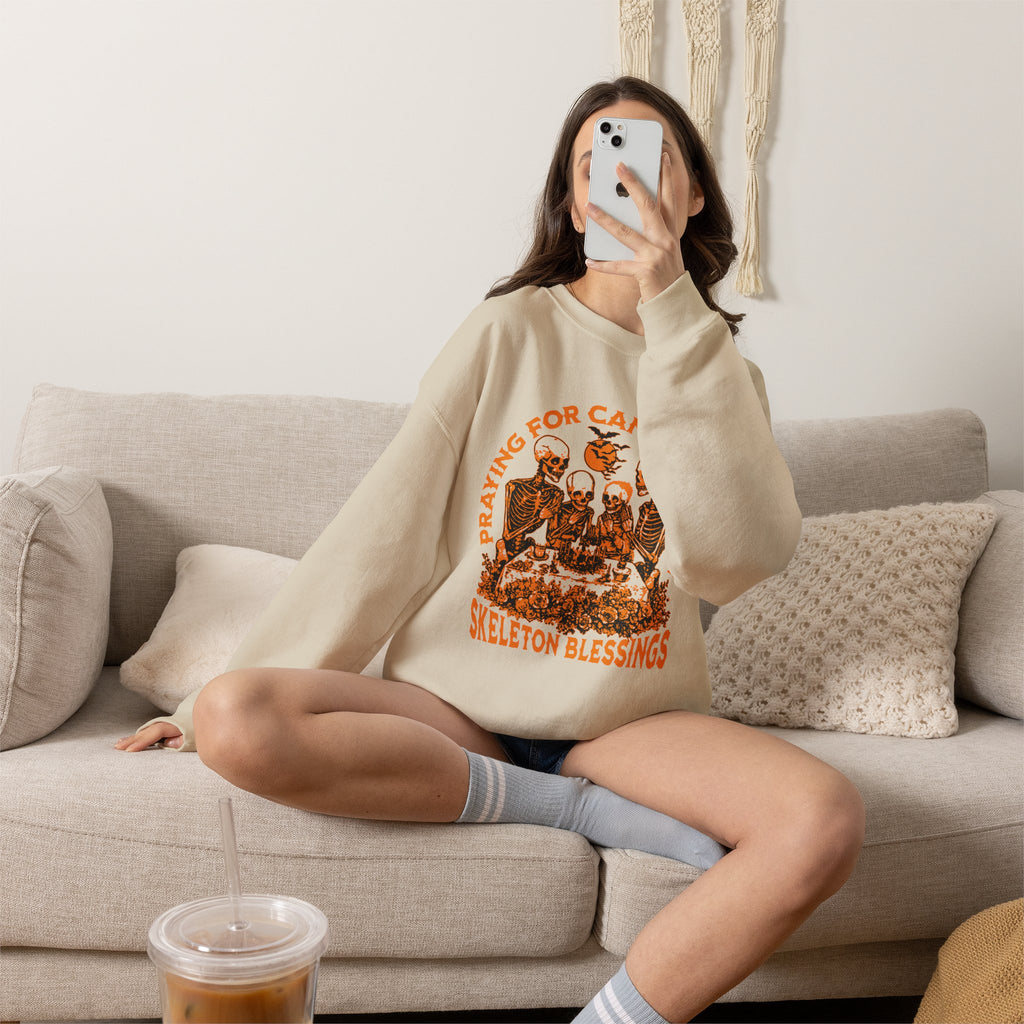 Skeleton Blessings Crewneck Sweatshirt — Praying for Candy and Fun Halloween Sweater