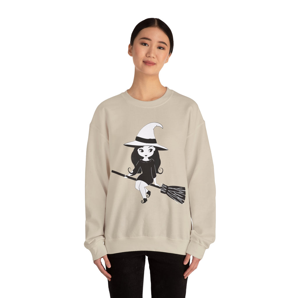 Witch on Broom Crewneck Sweatshirt — Cute Retro Halloween Witch Graphic