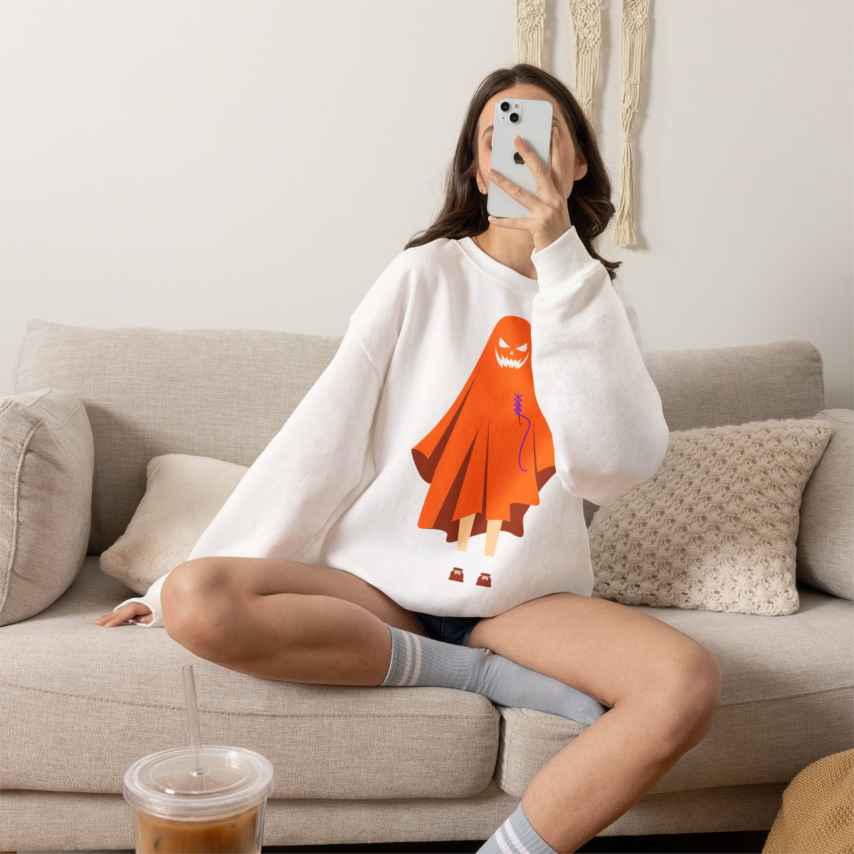 Halloween Ghost Costume Sweatshirt — Cute Spooky Ghost Holding Lollipop Crewneck